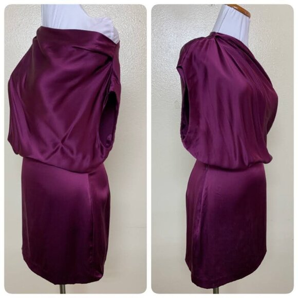 The Sei X REVOLVE Asymmetrical Draped Mini Silk Charmeuse Dress Sz 0 in Plum - Picture 3 of 10
